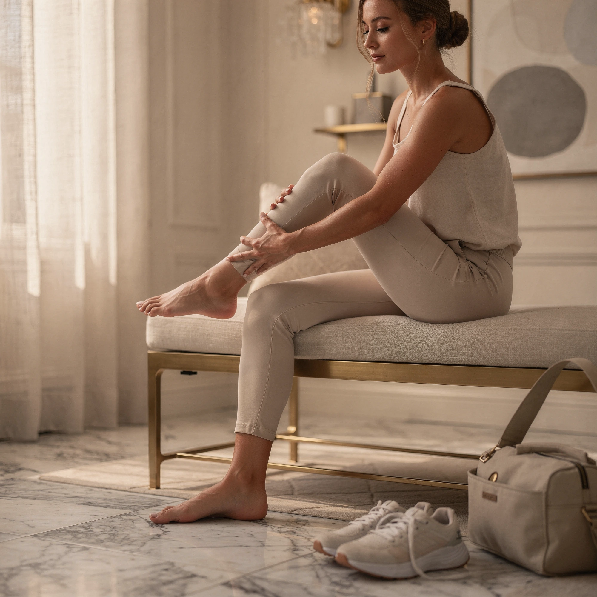Woman sitting on a bench massaging her foot and ankle